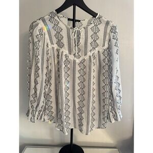 Como Black Boho Peasant Blouse S‎ White Blue Embroidered Stripe Tie Neck Flowy
